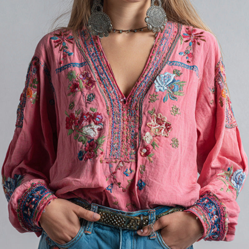 Comstylish Women's Retro Ethnic Pink Awareness Flower Embroidery Printed Top