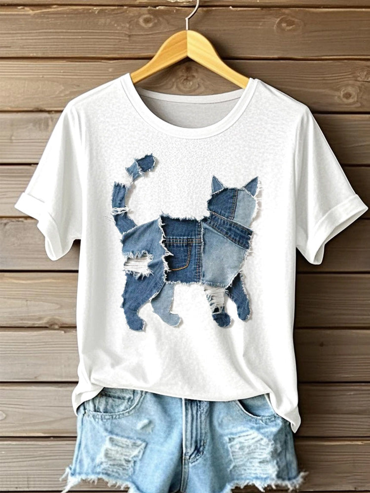 Women's Cute Cat Denim Patchwork Art T-shirt artswardrobe