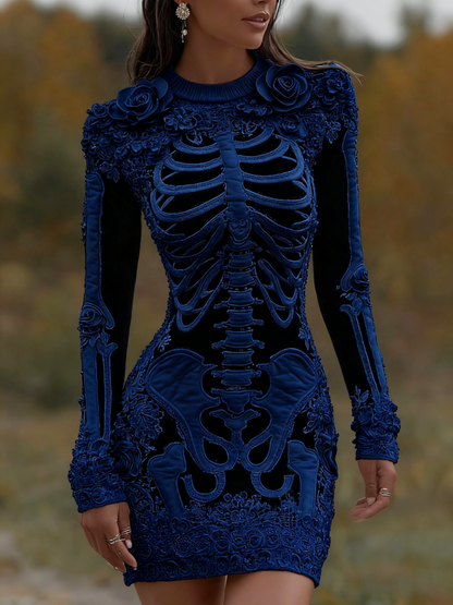 Women's Vintage Halloween Skeleton Bones With Rose Art Cozy Knit Mini Sweater Dress artswardrobe