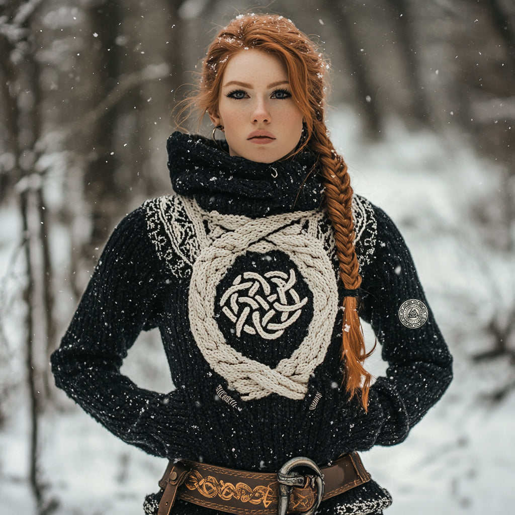 Women's Viking Tribal Jacquard Celtic Inspired Chunky Knit Hooded Sweater elevenforest