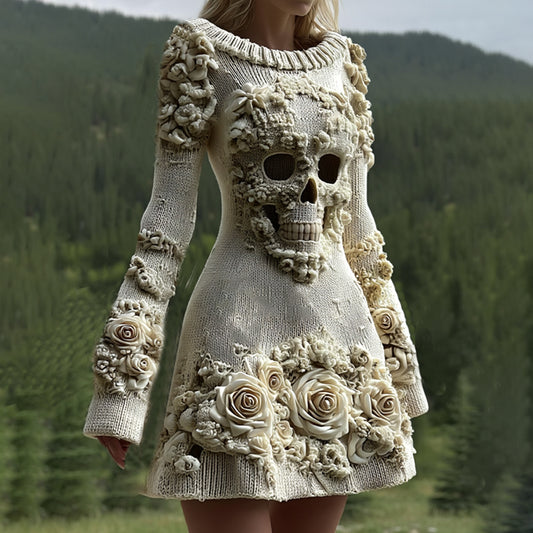 Women's Halloween Skull With Rose Art Cozy Knit Sweater Dress artswardrobe