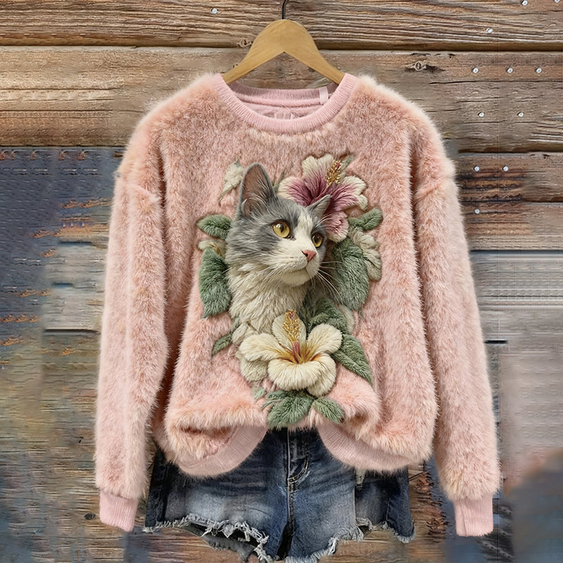 Comstylish Cute Cat Floral Plush Warm Crew Neck Sweater