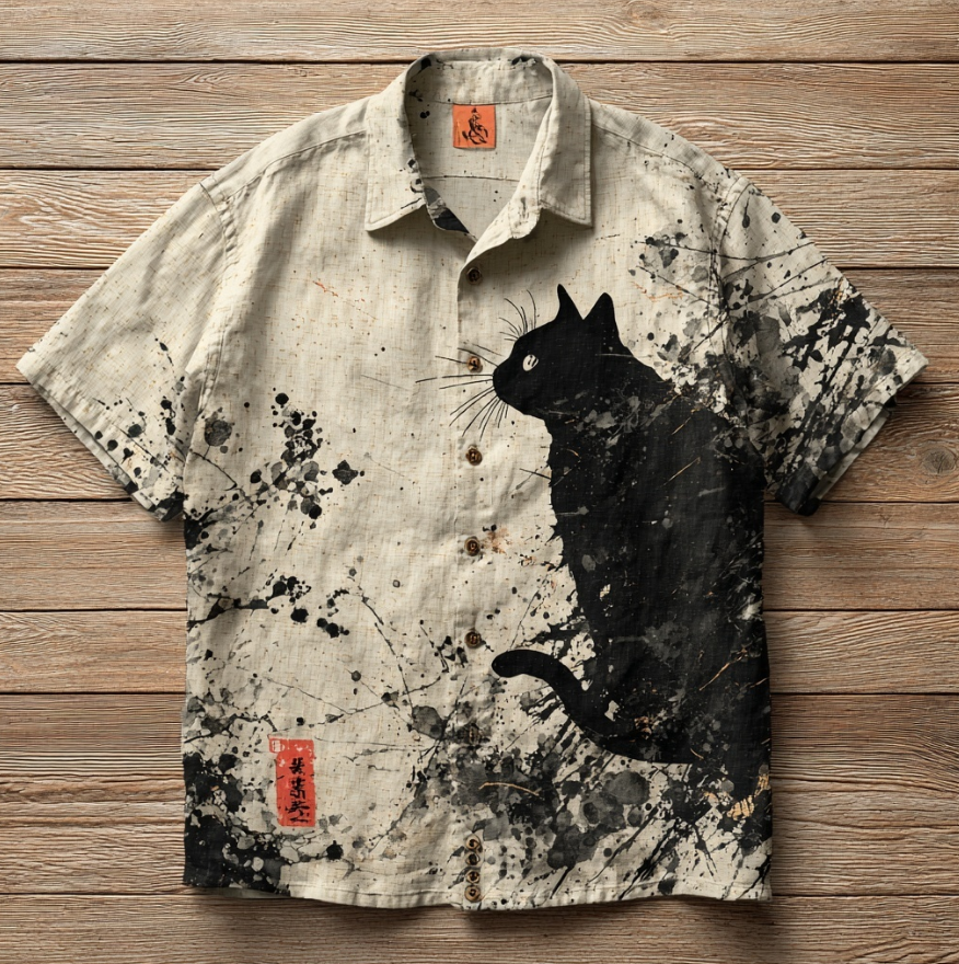 Japanese Art Style: Fun Animal And Plant Elements Combined With Retro Cotton And Linen Short-sleeve Shirt elevenforest