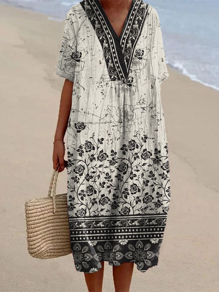 Japanese Art Floral Pattern Linen Blend Midi Dress