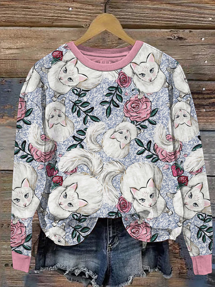Cat Lady & Rose Print Long Sleeve Sweatshirt elevenforest