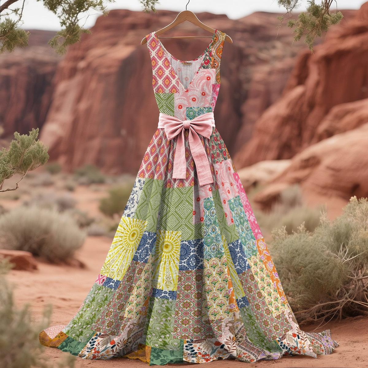 Women's Floral Patchwork Art Linen Tank Midi Dress（belt Not Included） artswardrobe