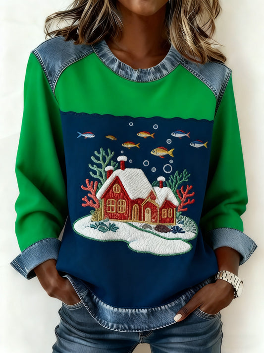 Women's Christmas Casual Lapel Denim Patchwork Pullover Sweatshirt