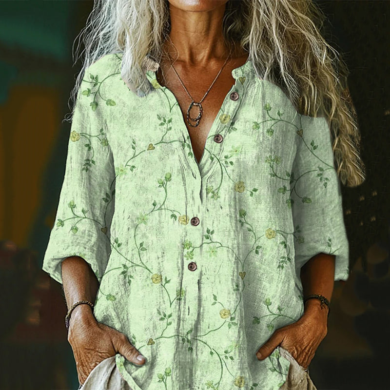 Comstylish Women's Vintage Floral Art Print Casual Cotton And Linen Shirt