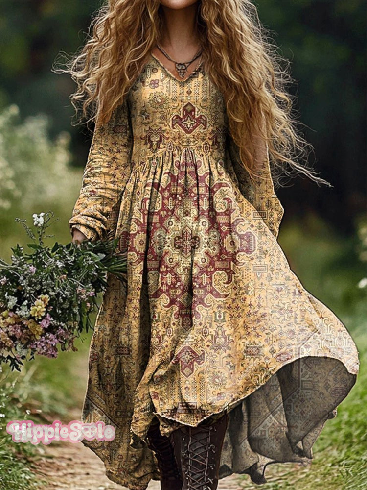 Women's Retro Ethnic Floral Art Pattern Print V Neck Pocket Cotton Dre