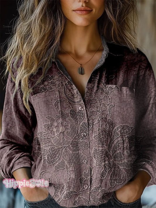 Women's Vintage Floral Lace Print Casual Long Sleeve Comfortable Cotto