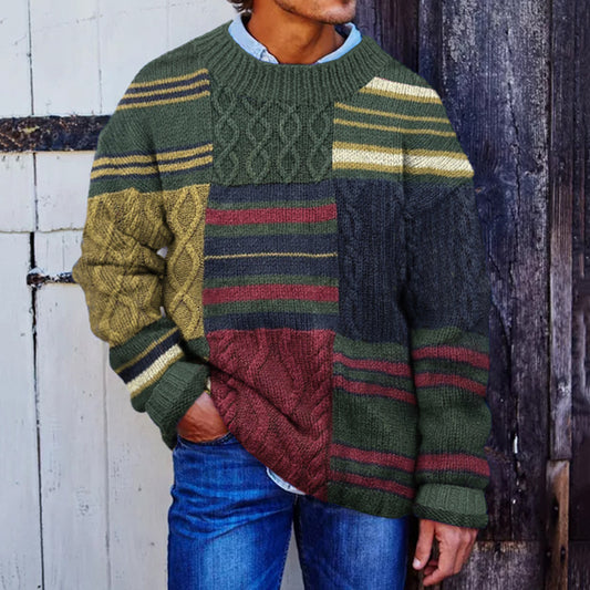 Men'S Retro Stripe Jacquard Patchwork Art Knitted Art Cozy Knit Sweater elevenforest