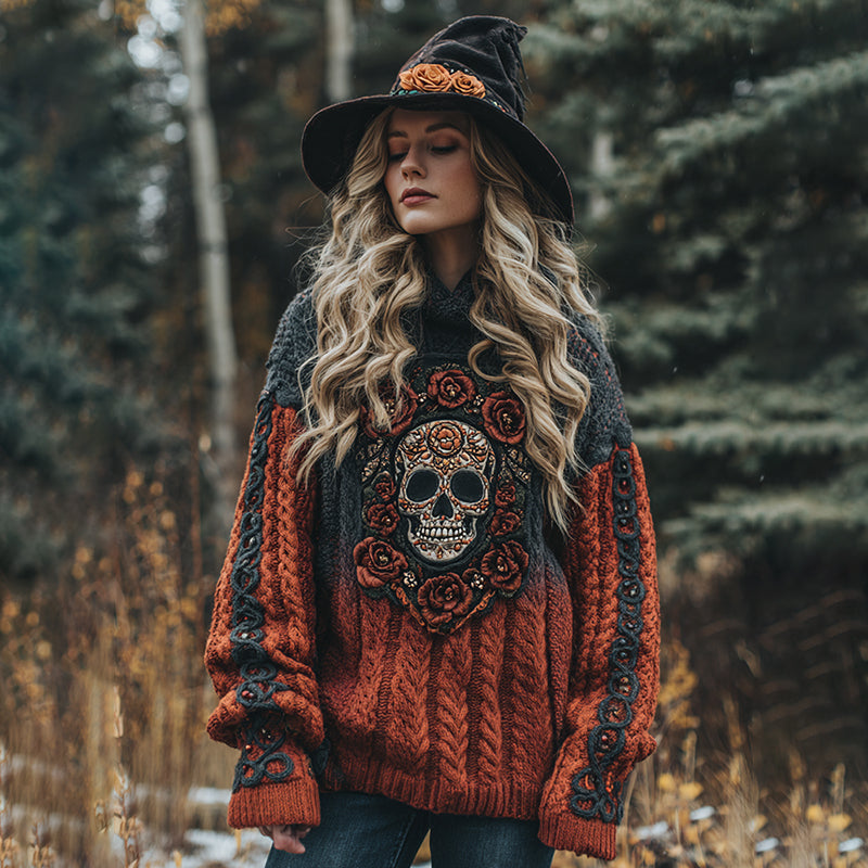 Women's Viking Tribal Jacquard Celtic With Rose And Skull Inspired Chunky Knit Hooded Sweater elevenforest