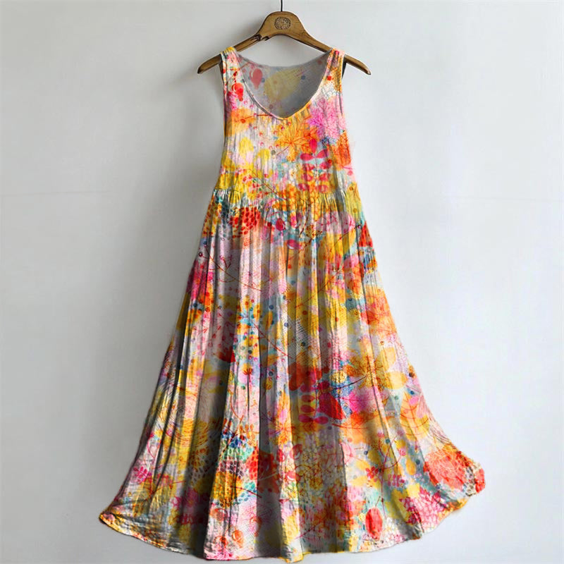 Women's Vintage Floral Art Print Crew Neck Sleeveless Cotton Pocket Dr