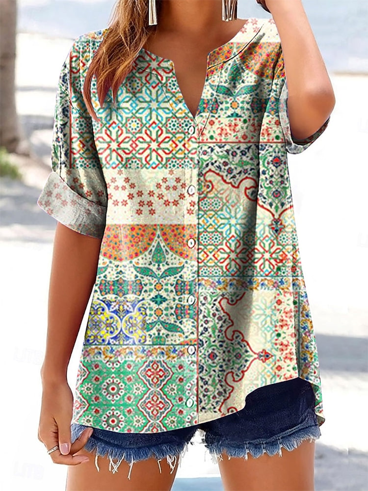 Women's Vintage Ethnic Style Tattoo Pattern Art Printed Cotton Linen S