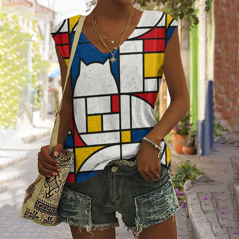 Abstract Creative Colorblock Geometric Abstract Cat Painting Art Sleeveless V-Neck Tank Top elevenforest