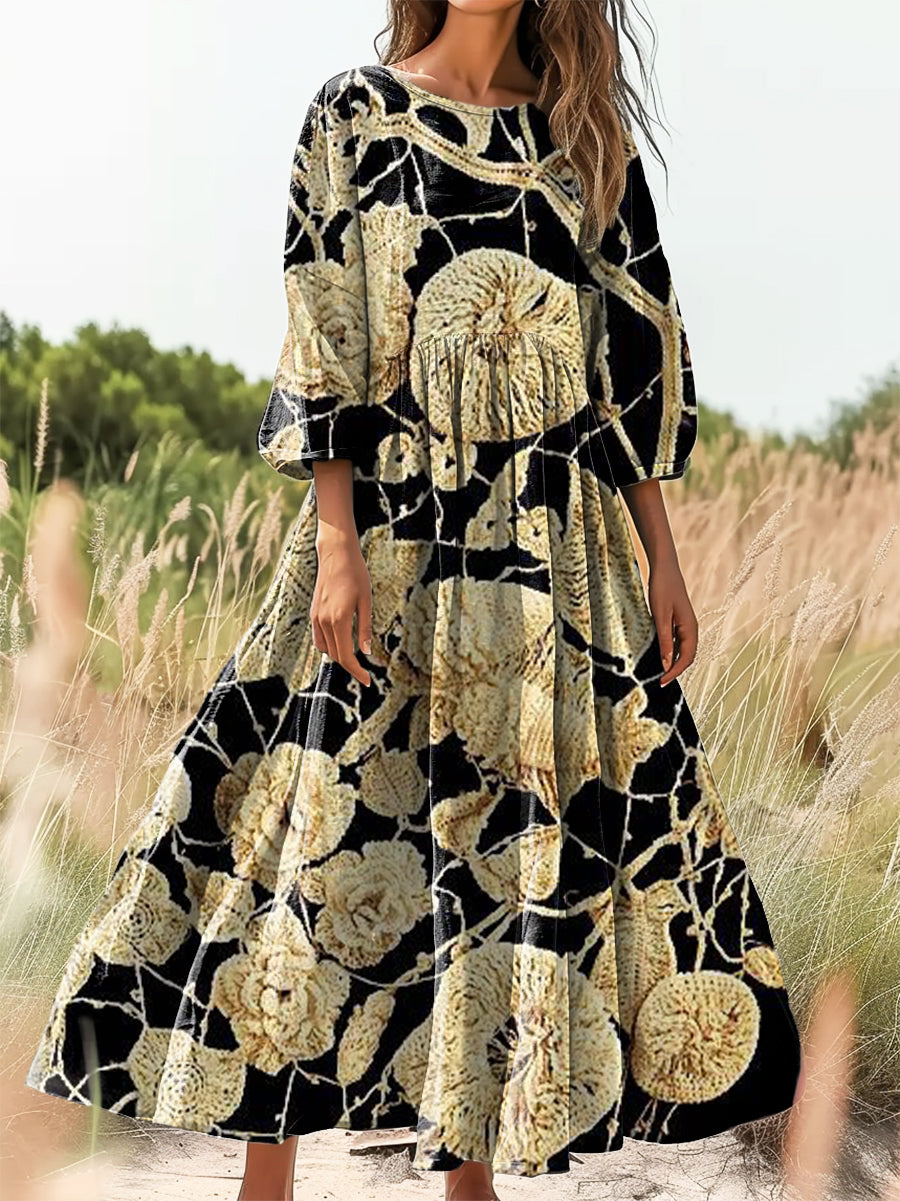 Women's Vintage Ethnic Floral Art Print Flowy Cotton Crew Neck Dress