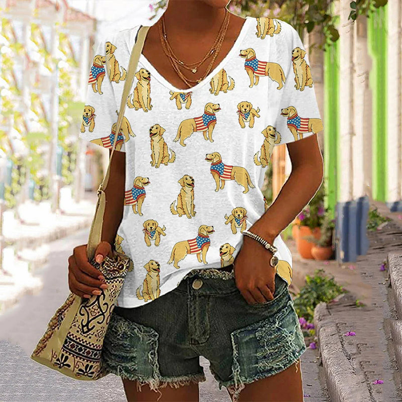 Comstylish Women's Independence Day Golden Retriever Print V-Neck T-Shirt