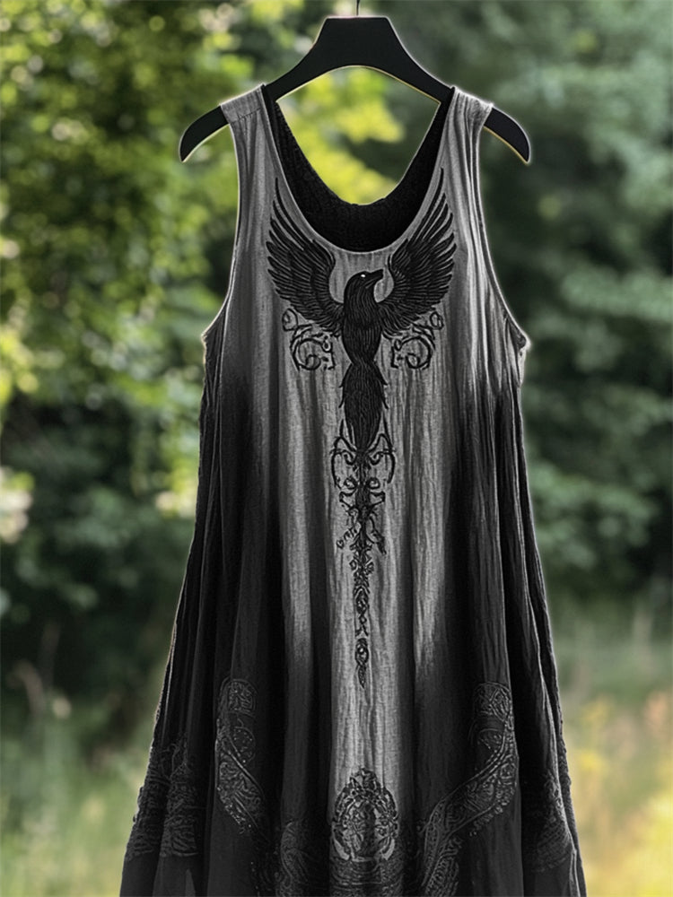 Viking Raven Celtic Mystical Gradient Linen Tank Maxi Dress artswardrobe