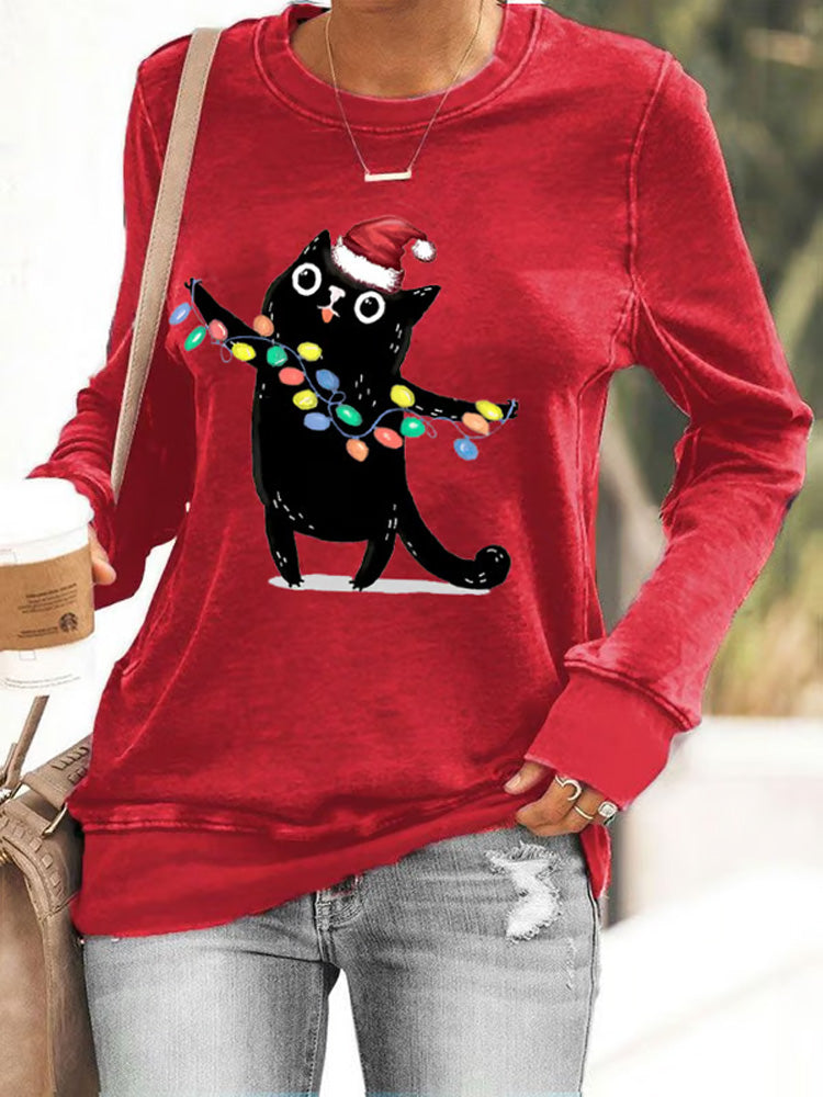 Women's Christmas Lights And Black Cat Print Sweatshirt artswardrobe