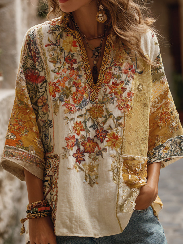 Comstylish Bohemian Style Golden Patchwork Palace Retro Floral V-neck Short-sleeved Shirt