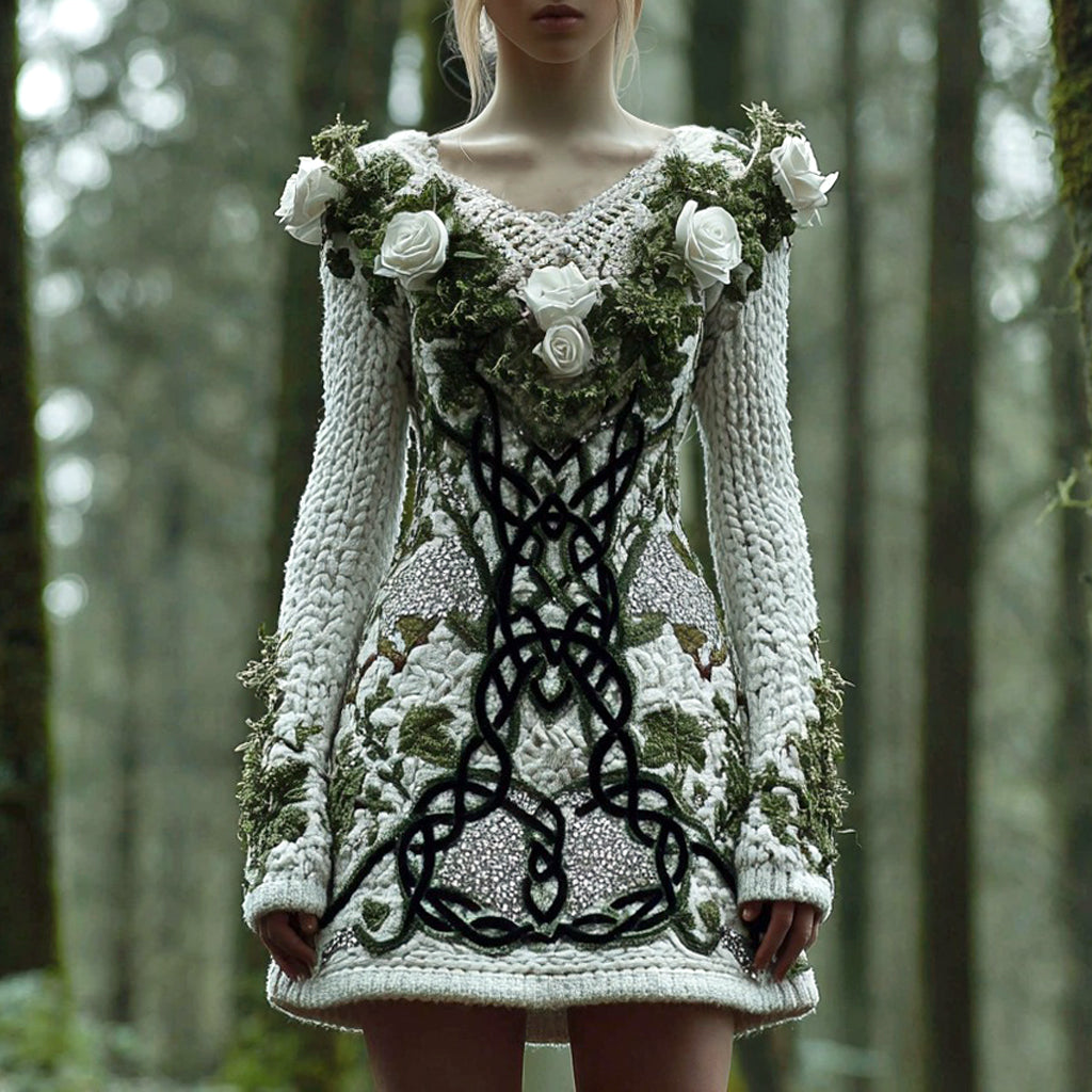Women's Rose And Moss Nature Inspired Celtic Knot Art Cozy Knit V-neck Sweater Dress artswardrobe