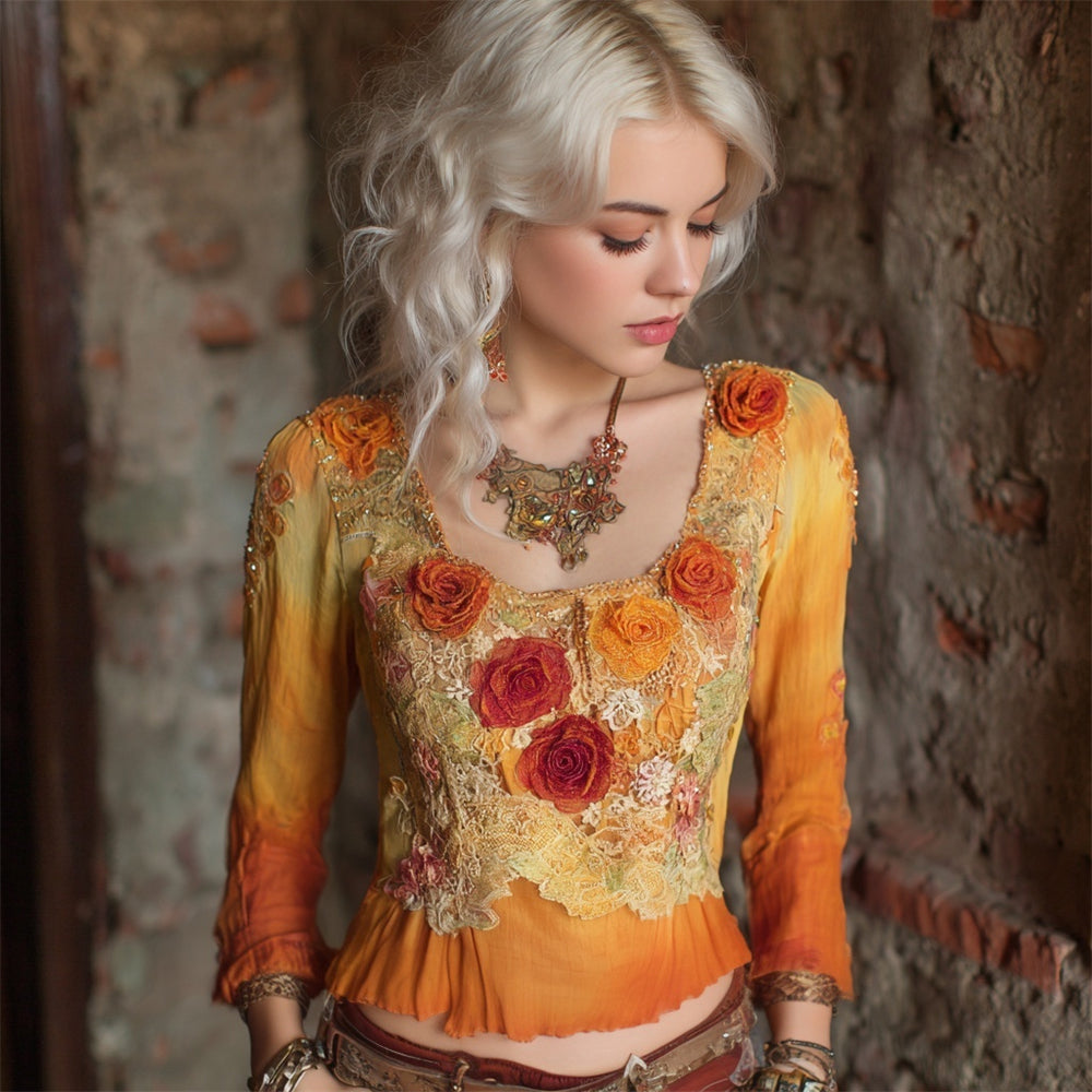 Autumn Floral Vintage Lace Patchwork Art Women's Long Sleeve Top artswardrobe