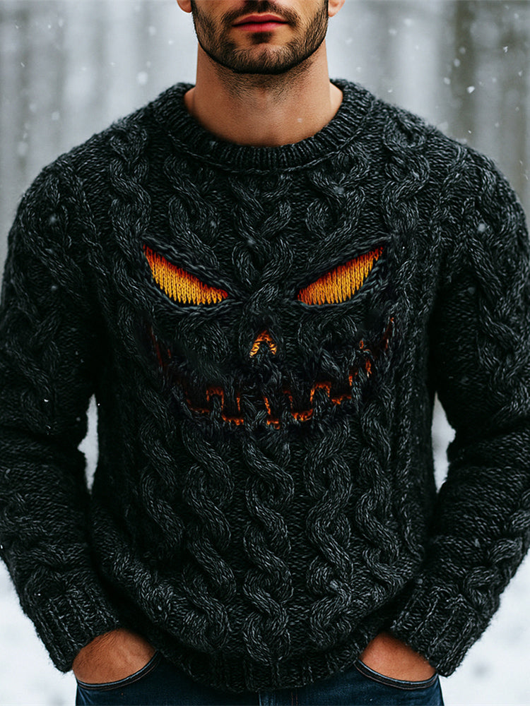 Halloween Evil Pumpkin Emoji Men's Chunky Knit Crewneck Sweater artswardrobe
