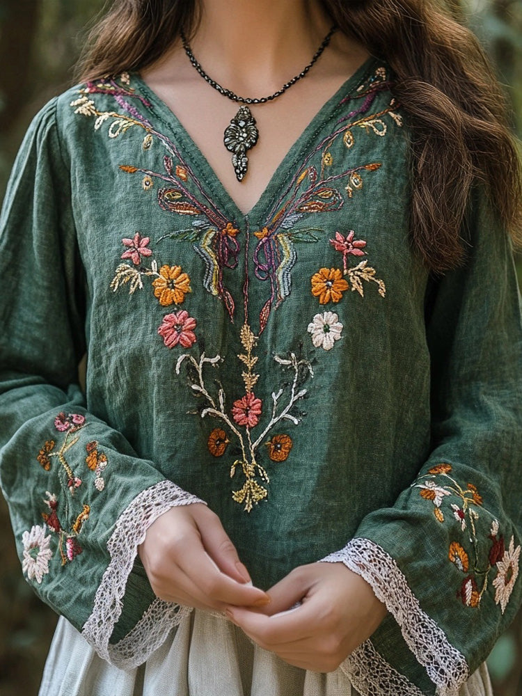 Vintage Boho Floral Embroidered Linen Blend Cozy Tunic artswardrobe