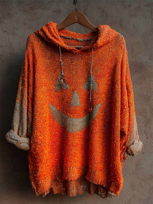 Halloween Pumpkin Face Glitter Sequins Bleached Cozy Knit Hooded Sweater elevenforest