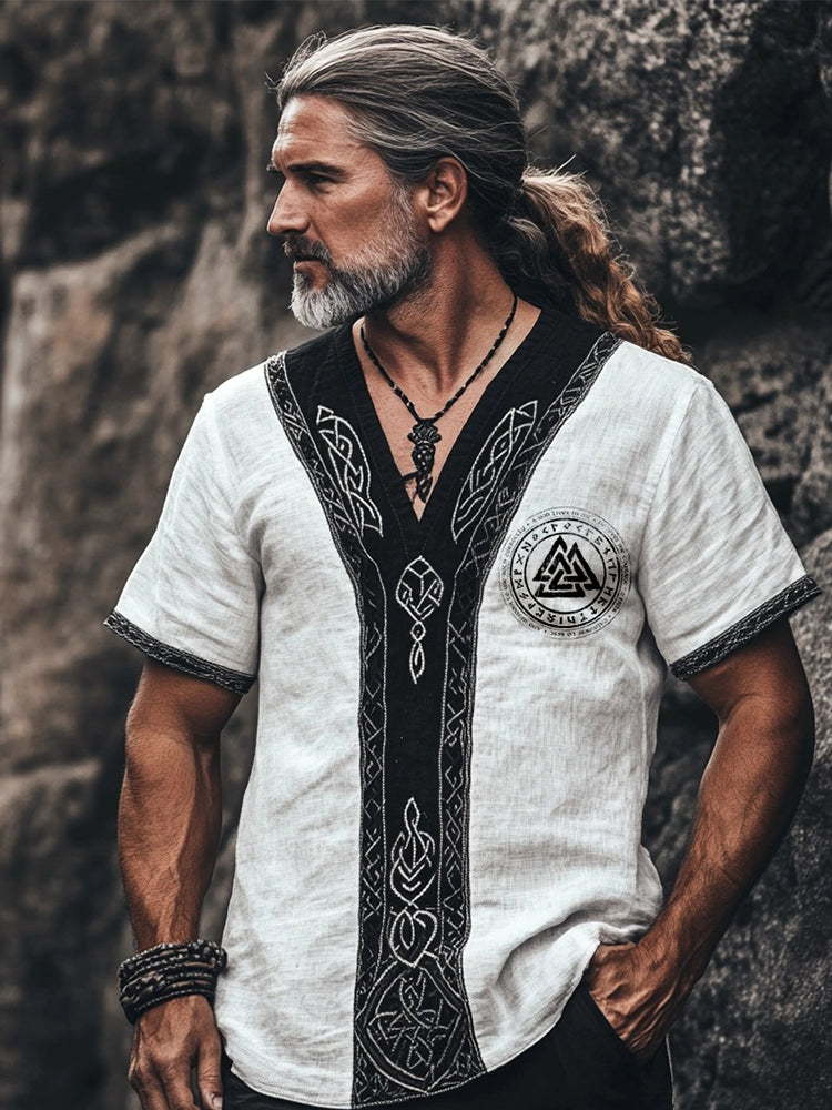 Men's Vintage Viking Inspired Contrast Linen T Shirt artswardrobe