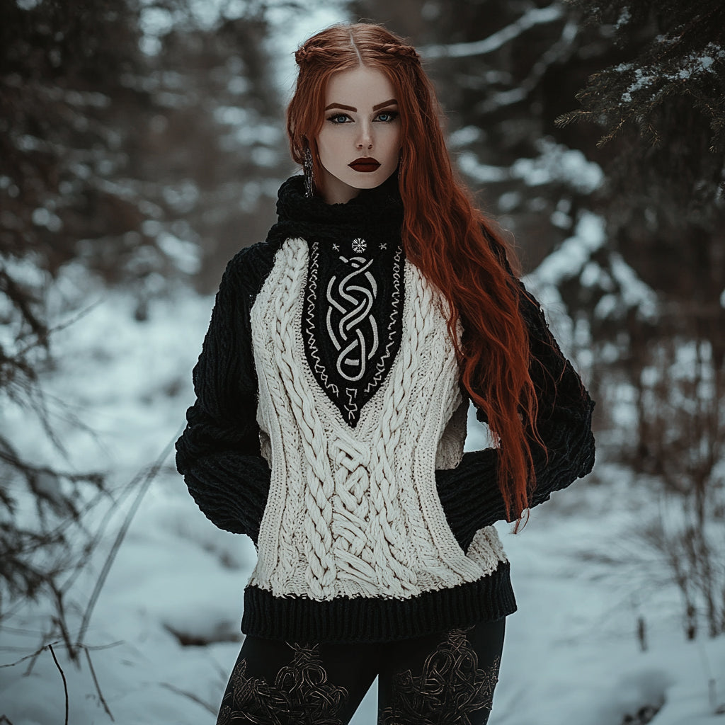 Women's Viking Tribal Jacquard Celtic Inspired Chunky Knit Hooded Sweater elevenforest