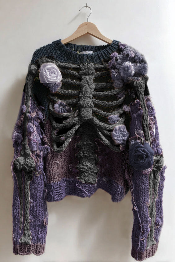 Comstylish Women's Vintage Skeleton And Rose Art Cozy Sweater