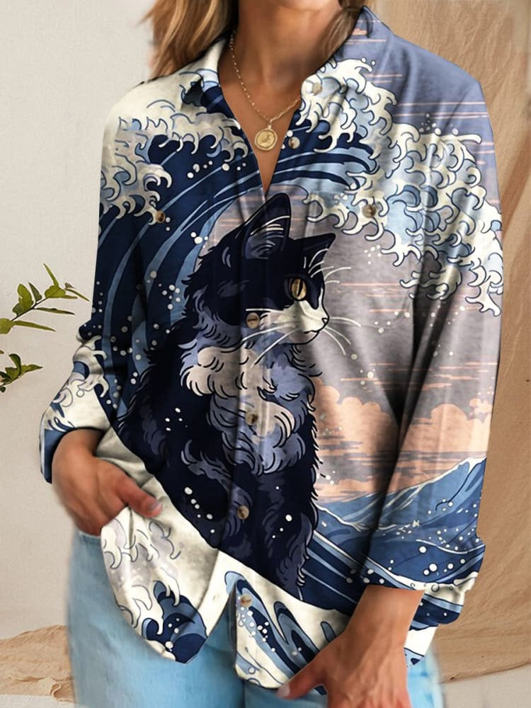 Women's Funny Cat Print Casual Top elevenforest