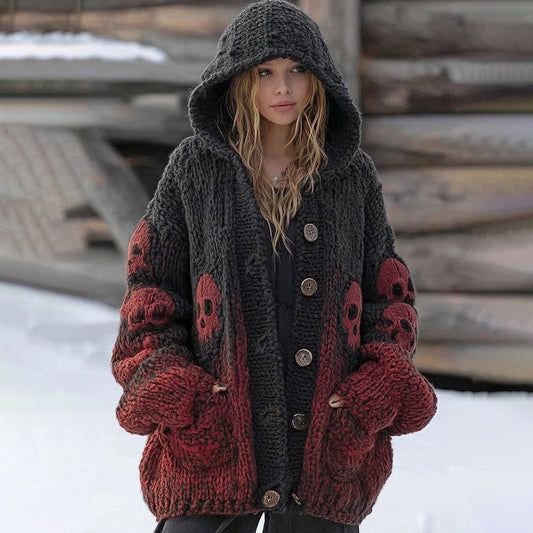 Women's Vintage Viking Tribal Celtic Skull Gradient Art Chunky Knit Hooded Cardigan artswardrobe