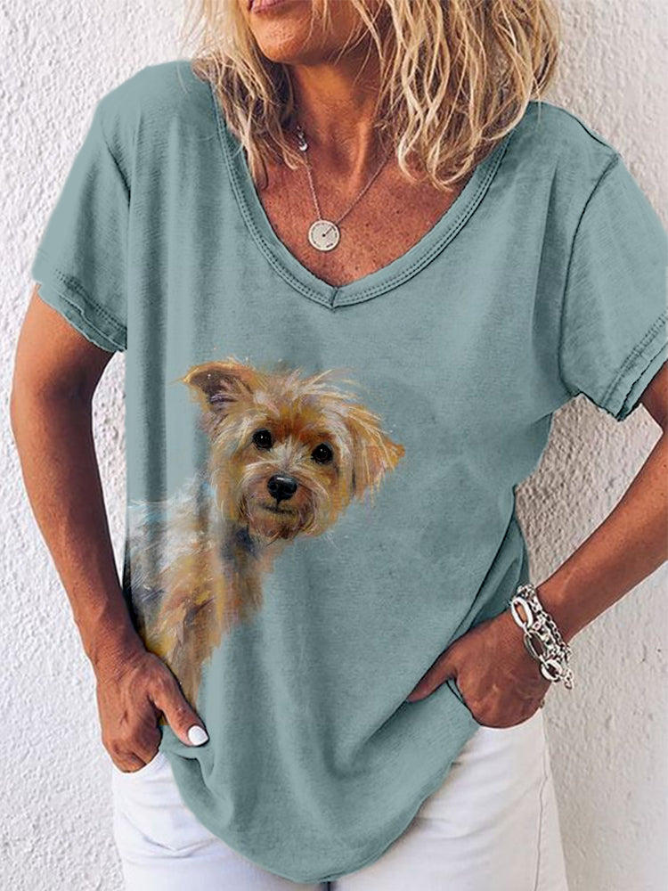 Comstylish Cute Yorkie Art Pattern V Neck Comfy T Shirt
