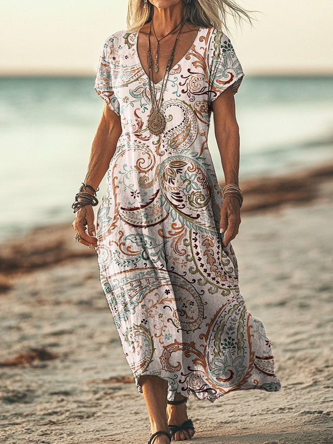 Women's Vintage Ethnic Floral Art Print Short Sleeve Pocket Cotton Lin