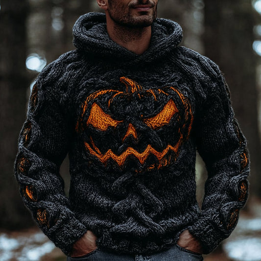 Men's Halloween Pumpkin Smiley Face Bright Color Knitted Pattern Hooded Sweater artswardrobe
