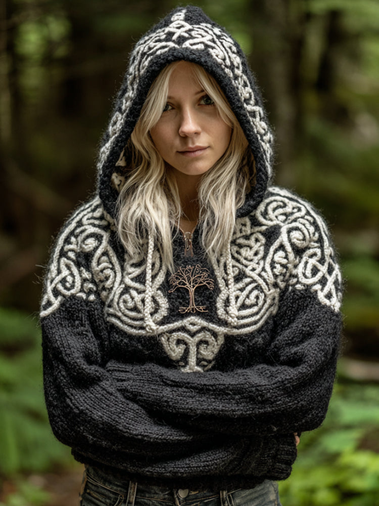 Women's Viking Style Tree Of Life Black And White Casual Hooded Sweater artswardrobe
