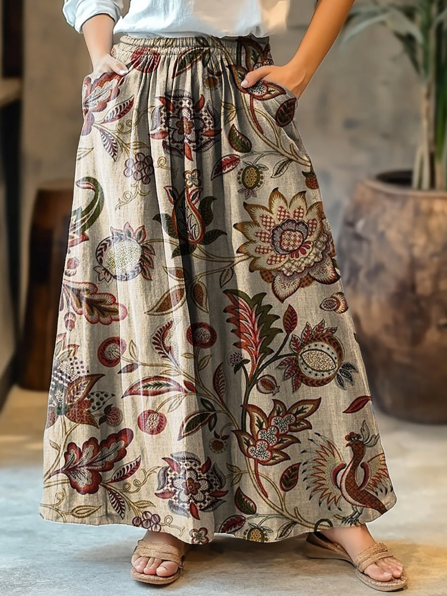 Women's Retro Ethnic Floral Art Print Cotton Skirt