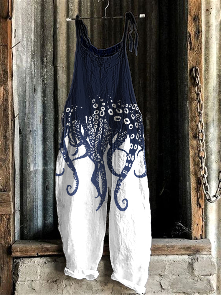 Comstylish Japanese Art Ocean Octopus Print Cotton Blend Jumpsuit