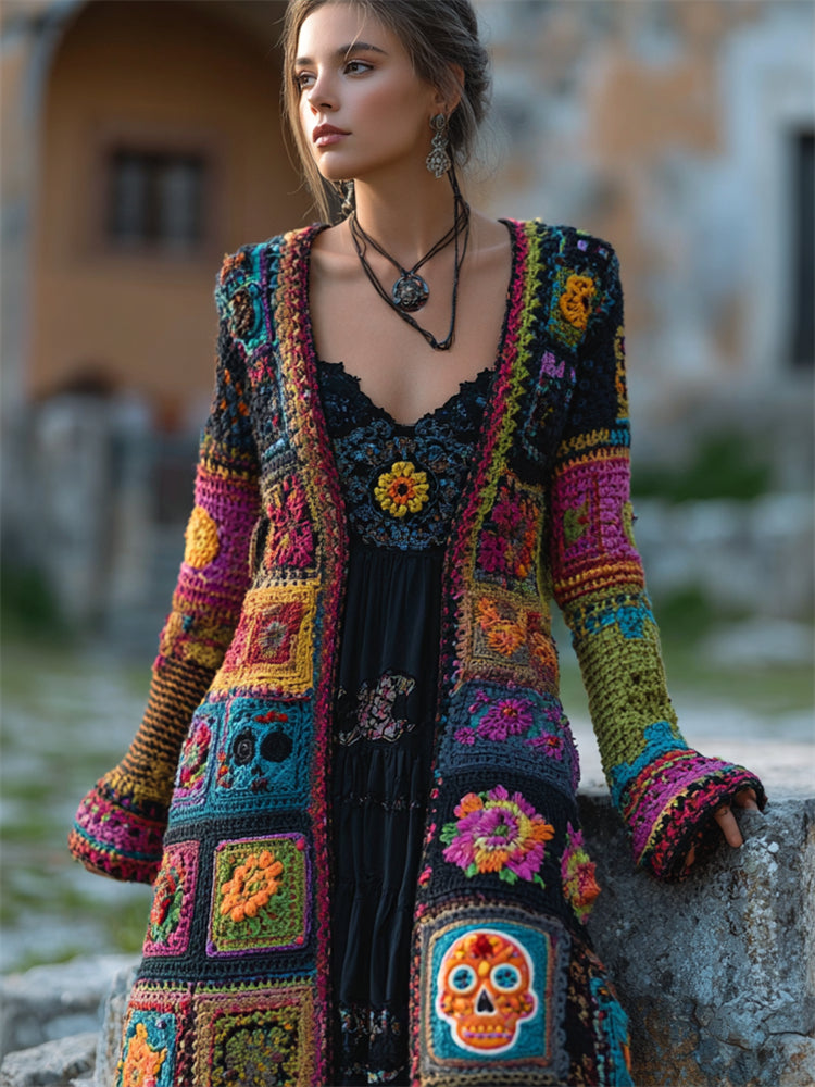 Day Of The Dead Sugar Skull Crochet Long Knit Cardigan artswardrobe