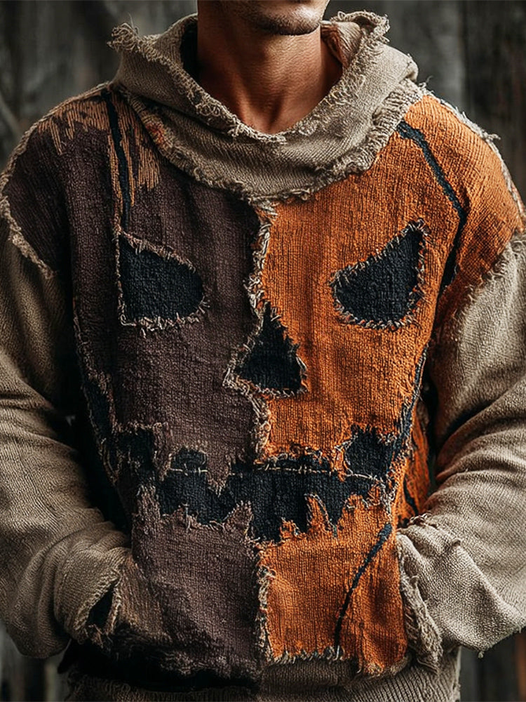 Halloween Pumpkin Face Men's Distressed Patchwork Vintage Hoodie artswardrobe