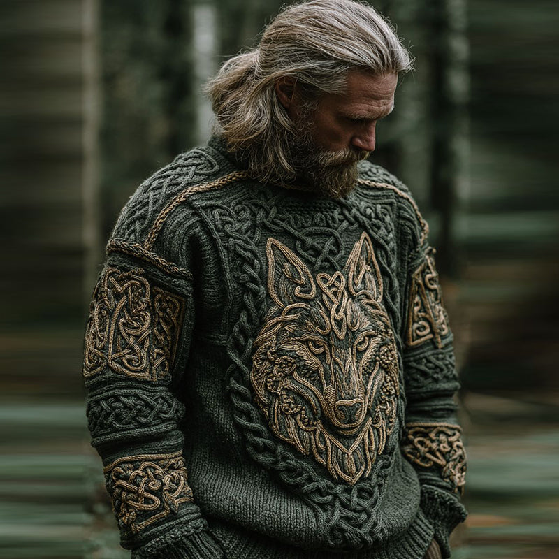 Men's Vintage Viking Wolf Pattern Cozy Knit Pullover Sweater artswardrobe