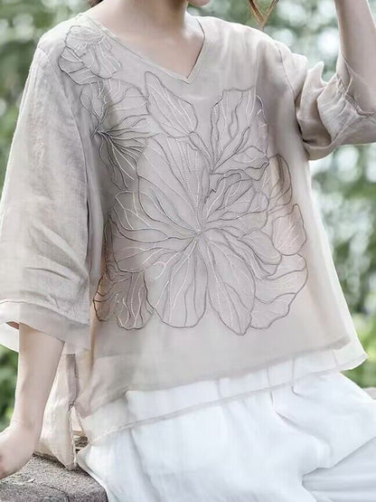 Comstylish Women's Floral Embroidery Linen Blend V-Neck Shirt