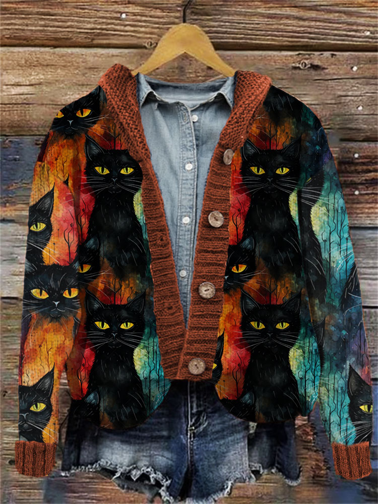 Colorful Halloween Cat Pattern Women's Cardigan artswardrobe