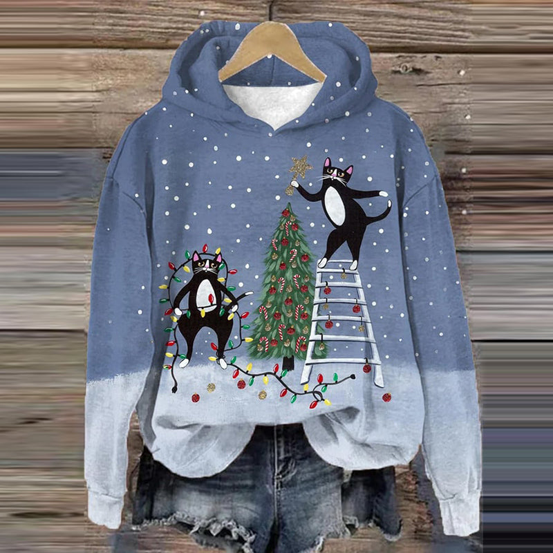 Women's Merry Christmas Black Cat Waiting For Christmas Print Casual Hoodie elevenforest