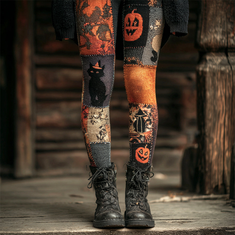 Halloween Black Cat & Pumpkin Patchwork Art Women's Knit Leggings artswardrobe