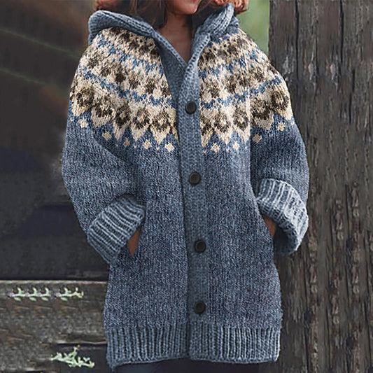 Icelandic Ethnic Pattern Knitted Hooded Cardigan elevenforest