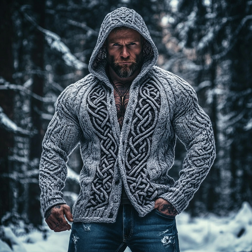 Men's Viking Celtic Mythology Chunky Knit Buttons Hooded Sweater artswardrobe