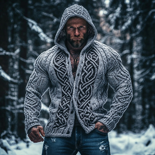 Men's Viking Celtic Mythology Chunky Knit Buttons Hooded Sweater artswardrobe